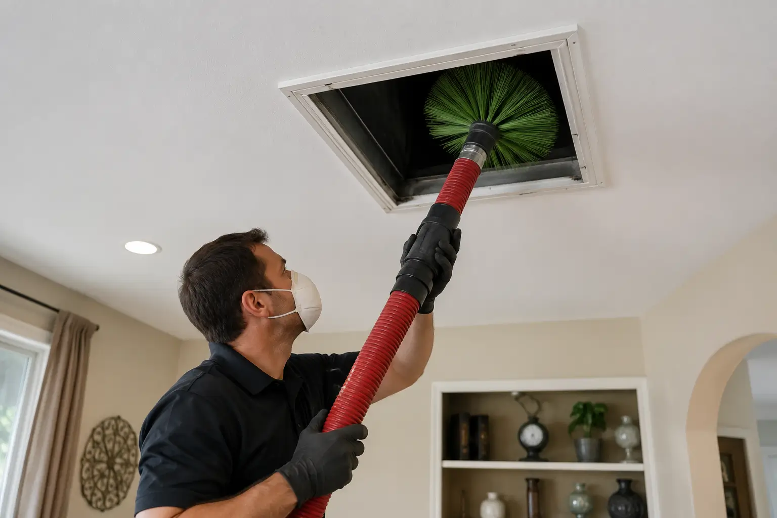 Professional technician cleaning a home air duct