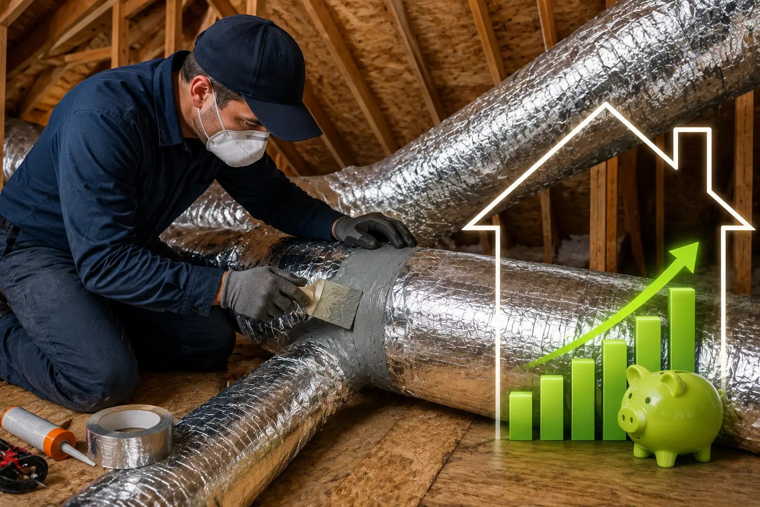 technician sealing attic ductwork